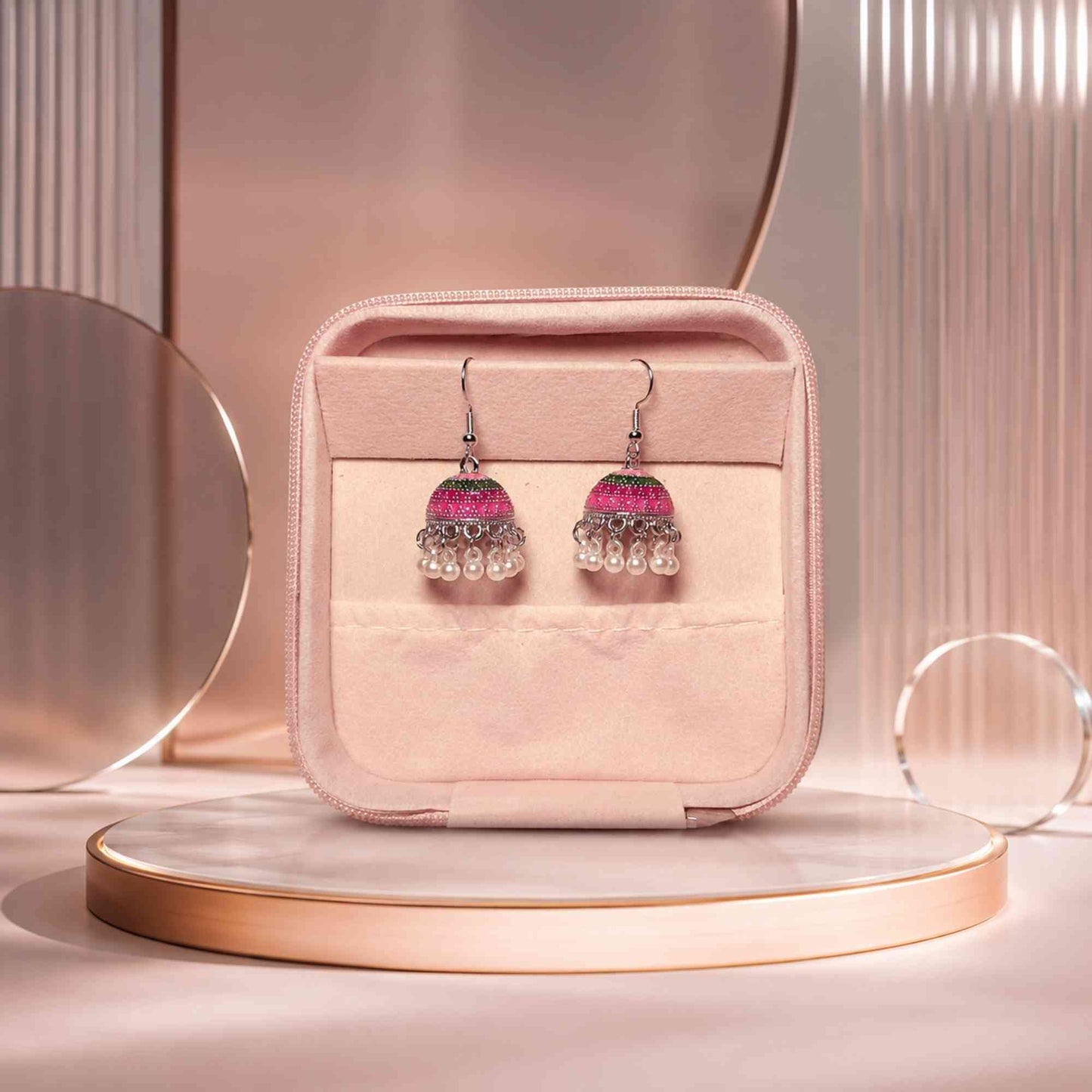 Vibrant Pink Meenakari Silver-Plated Jhumka Earrings with Pearls
