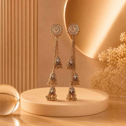 Royal Silver-Plated 3-Tier Layered Long Jhumka Earrings